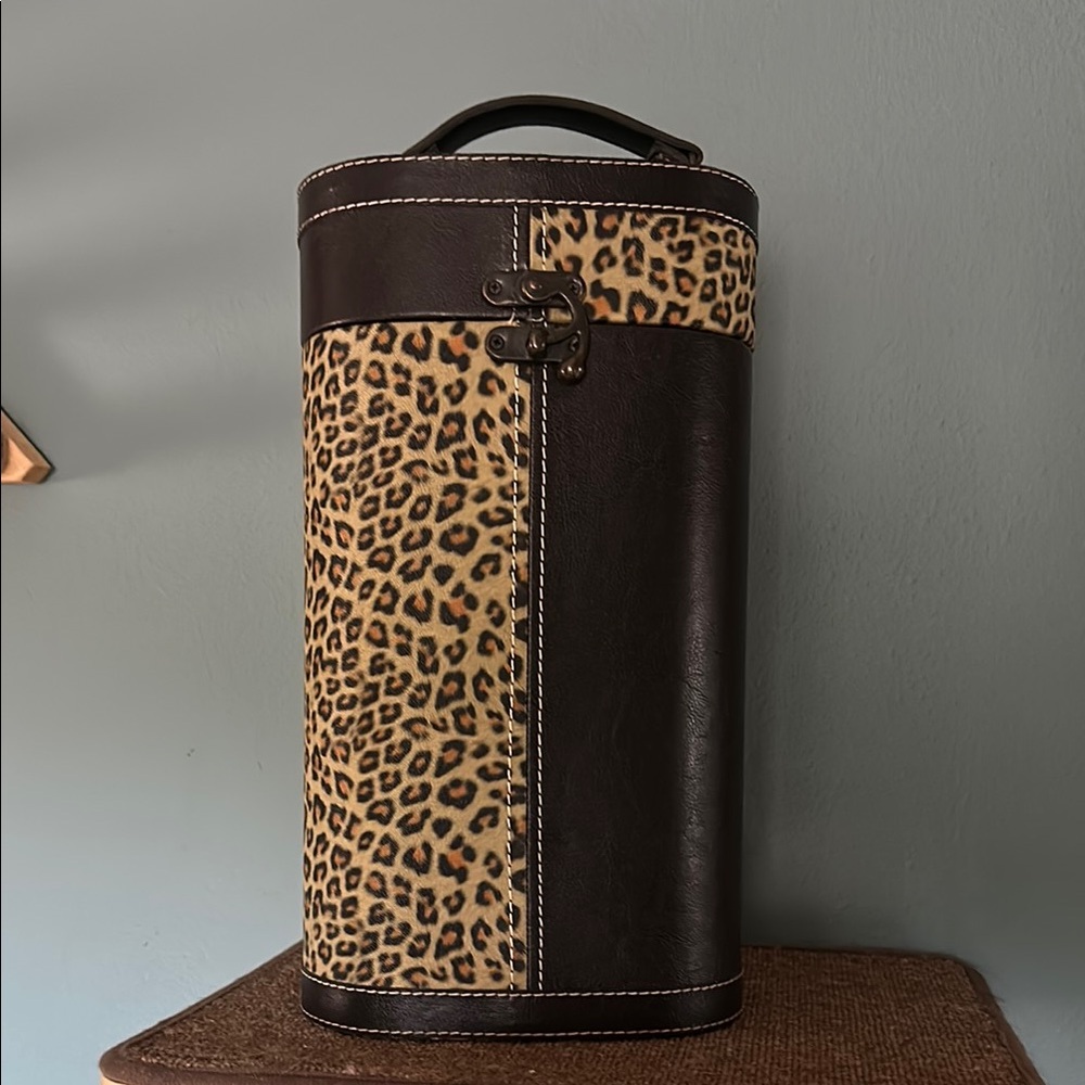 Leopard Print and Brown Leather Wine Carrier